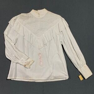 NWT VTG New York Paris White Cotton Eyelet Ruffle Mock Neck Blouse Size‎ M *Poor